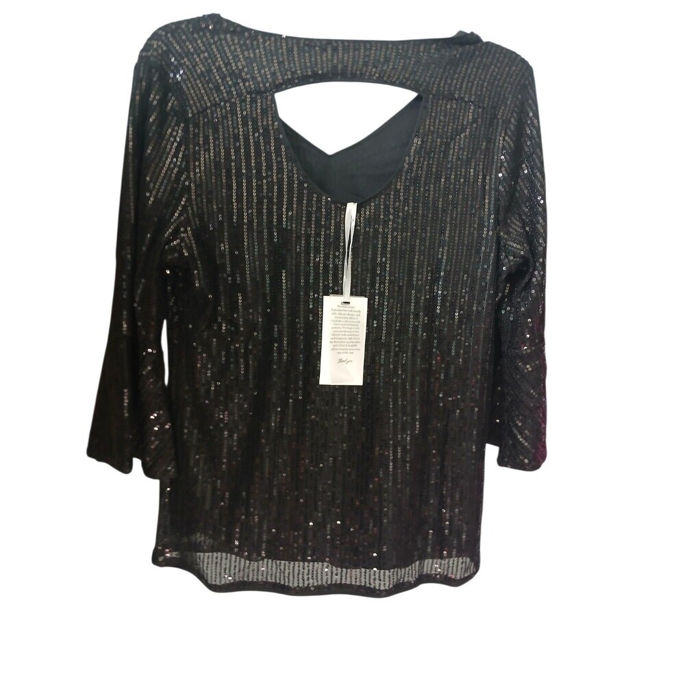 Grace Karin Sequin Top Black Size S V Neck Party Blouse Sparkly Evening - Picture 4 of 6